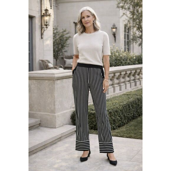 Joseph Ribkoff Pants - Joseph Ribkoff Size 4 Striped Wide Leg Pants Black White Pull On Pockets